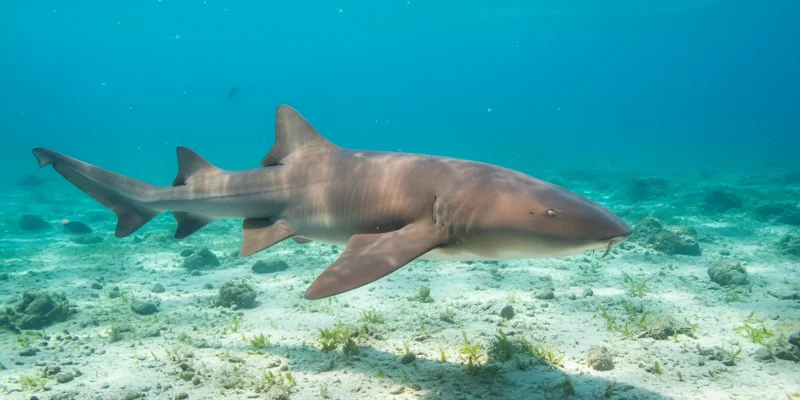 Ginglymostoma unami tiburón nodriza del Pacífico nadando sobre fondo arenoso