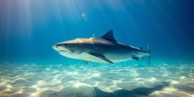 Tiburón tigre galeocerdo cuvier en azul sobre arena