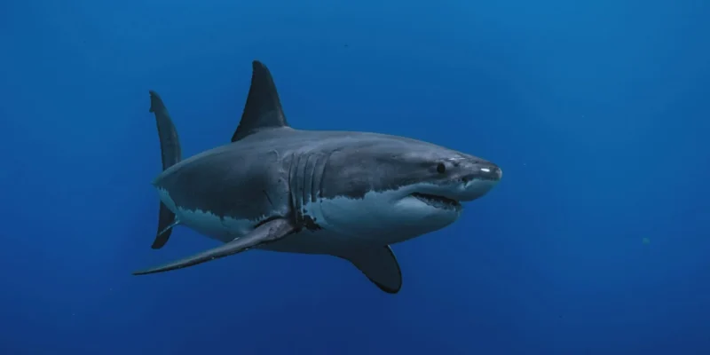 Tiburón blanco (Carcharodon carcharias) en aguas azules