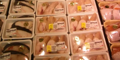 Mostrador refrigerado con carne de tiburón envasada en el supermercado