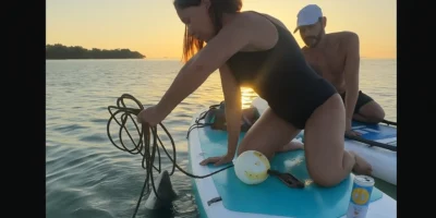 Paddleboarder rescata a tiburón atrapado en cuerda Paddleboarder rescata a tiburón atrapado en cuerda