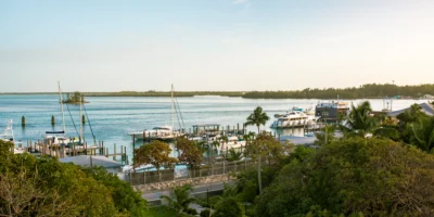 Pequeño puerto en Bimini con veleros, lanchas, costa y mar