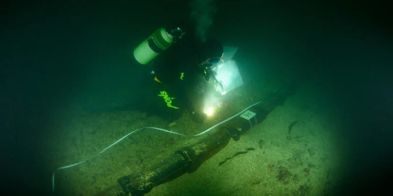 Buceador examinando un cable submarino colonizado en el fondo marino de Paimpol-Bréhat