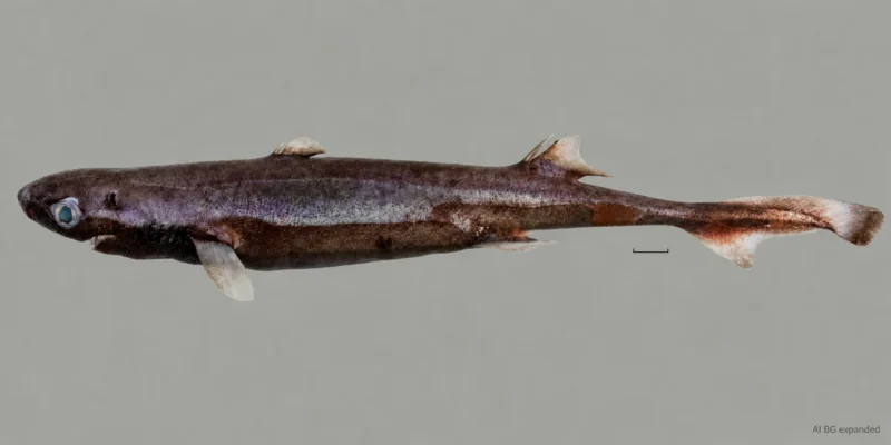 Hembra fresca de Etmopterus bulbosus con hocico abultado, dos aletas dorsales y barra de escala; fondo ampliado con IA