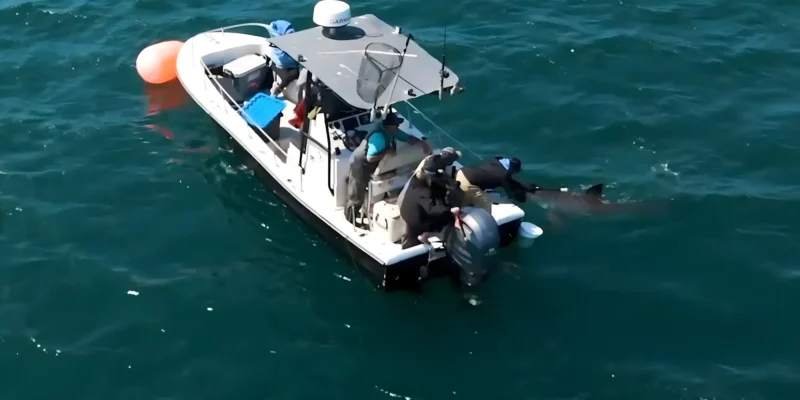 Investigador marcando a distancia un tiburón blanco desde un barco