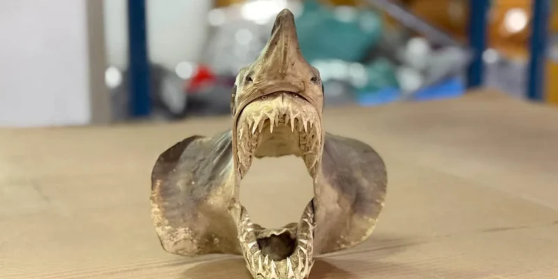 Cabeza disecada de tiburón mako con las mandíbulas abiertas, incautada por la aduana de Kiev