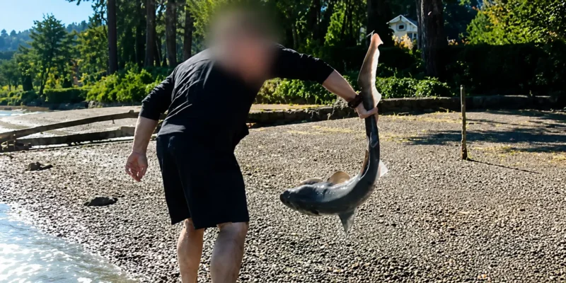 Un hombre sostiene por la cola a un tiburón de siete branquias durante una investigación en el estado de Washington