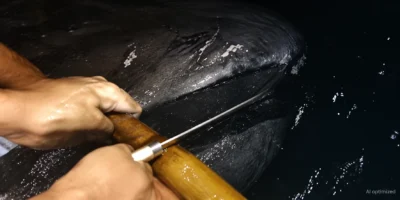 Manos con un cuchillo cerca de la boca de un tiburón boquiancho; fotograma mejorado con IA