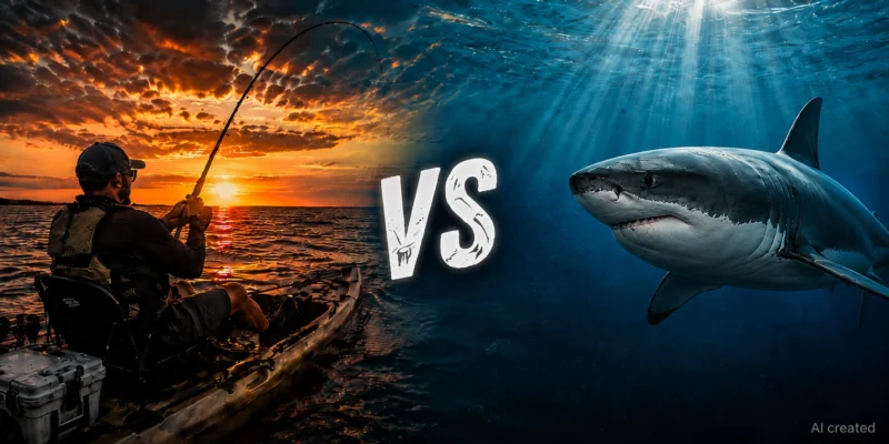 Pescador en kayak frente a un tiburón como símbolo de la depredación de capturas