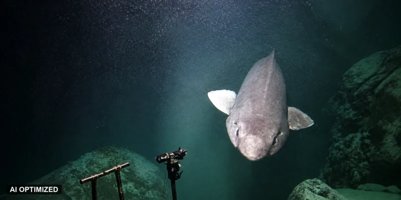 Pseudotriakis microdon nadando de frente hacia una cámara de aguas profundas