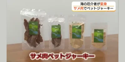 Cuatro envases de premios de carne de tiburón de Chizu, con trozos deshidratados y polvo, en el reportaje de TSK/FNN