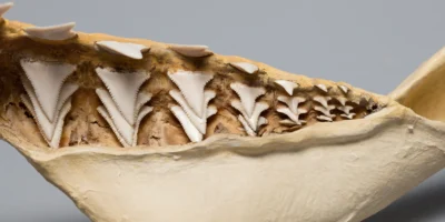 Dientes triangulares aserrados en una mandíbula conservada de tiburón blanco